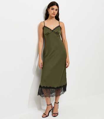 Light Green Satin Lace Hem Strappy Midi Dress