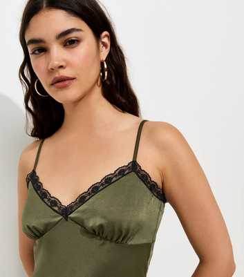 Light Green Satin Lace Hem Strappy Midi Dress