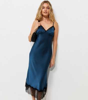 Navy Satin Lace Hem Strappy Midi Dress