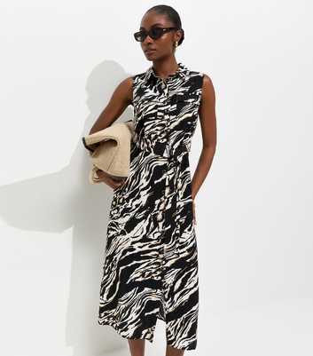 Black Zebra Print Sleeveless Midi Shirt Dress