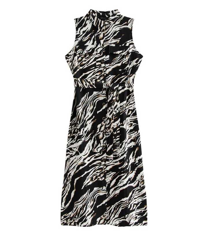 Black Zebra Print Sleeveless Midi Shirt Dress