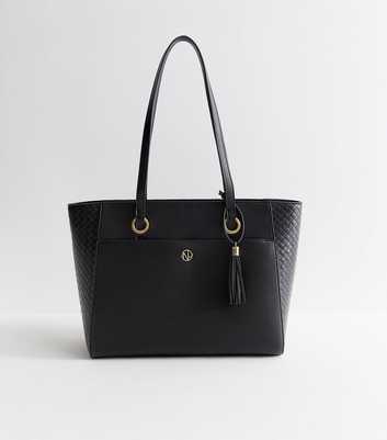 Black Faux Leather Woven Effect Panelled Tote Bag