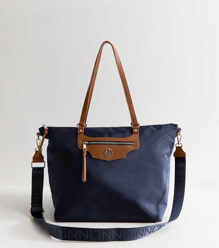 Navy Woven Logo Plaque Zipped Tote Bag