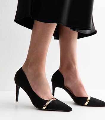 Black Faux Suede Metallic Strap D'Orsay Pumps