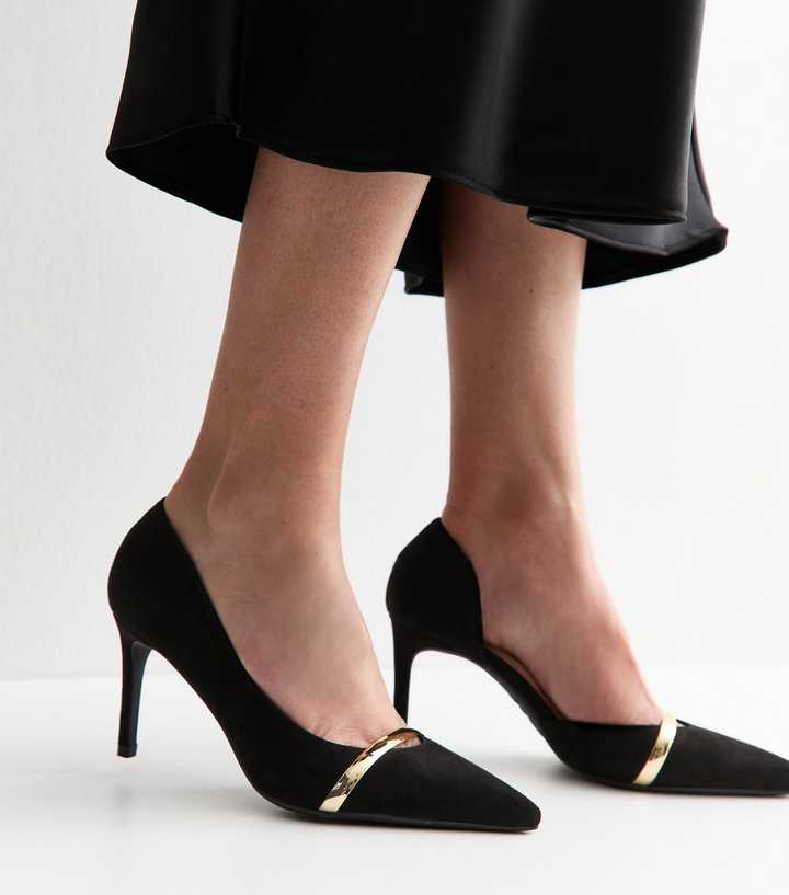 Black Faux Suede Metallic Strap D'Orsay Pumps