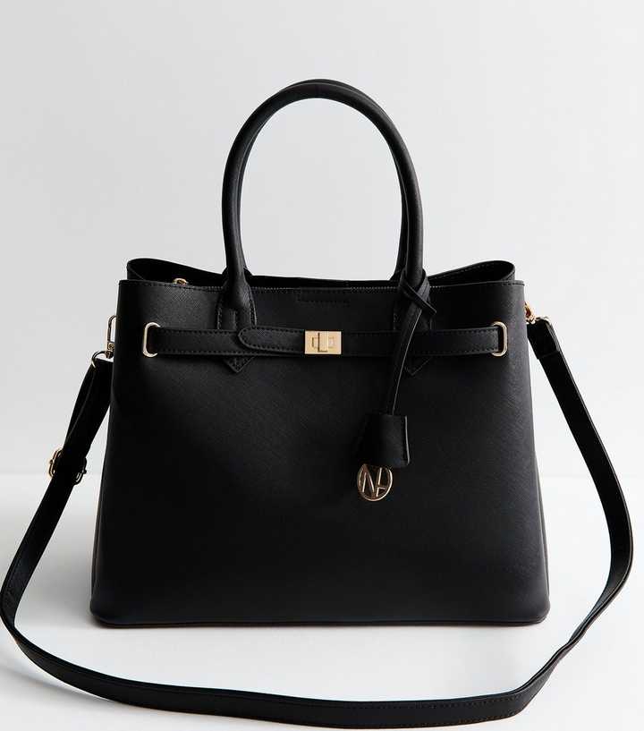 Black Textured Faux Leather Belted Tote Bag
