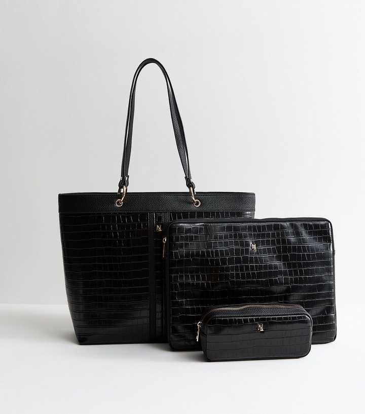 Black Faux Leather Crocodile Embossed Trio Tote Bag