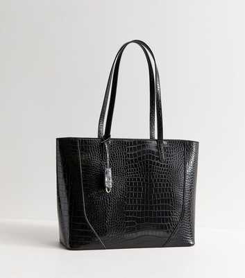 Black Faux Leather Crocodile Embossed Tote Bag