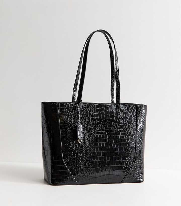 Black Faux Leather Crocodile Embossed Tote Bag