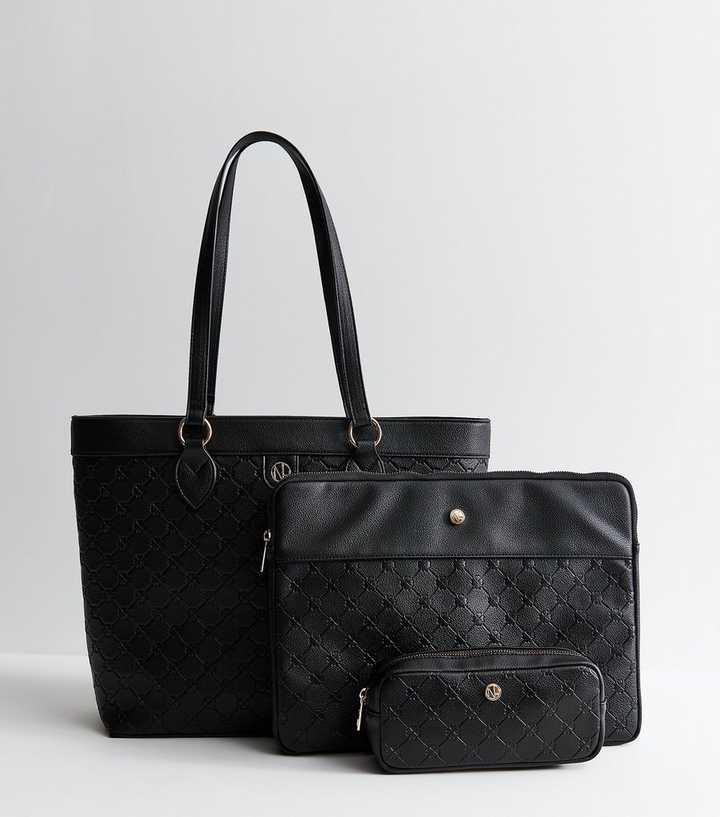 Black Faux Leather Debossed Trio Tote Bag