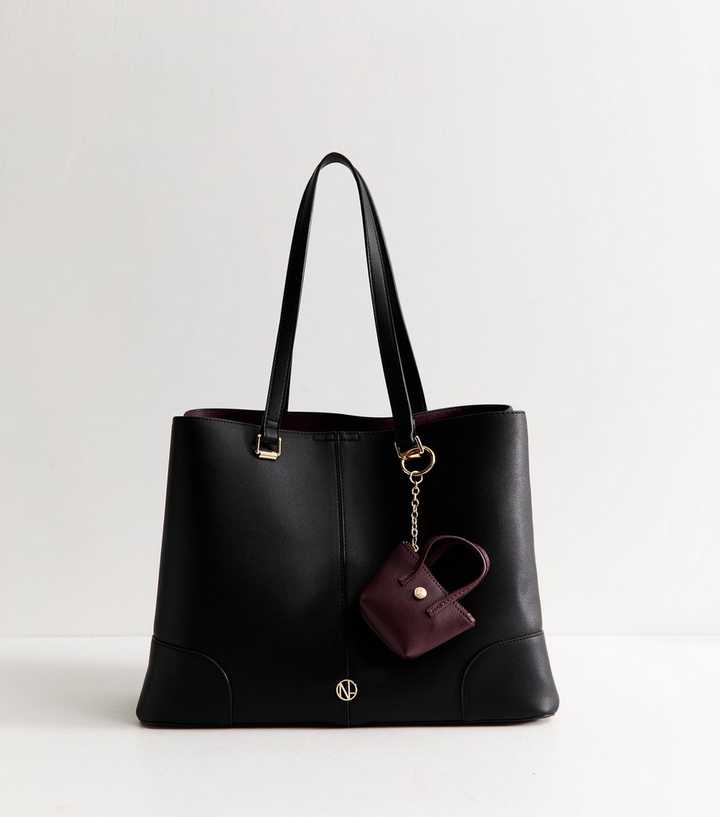 Black Faux Leather Triple Compartment Tote Bag