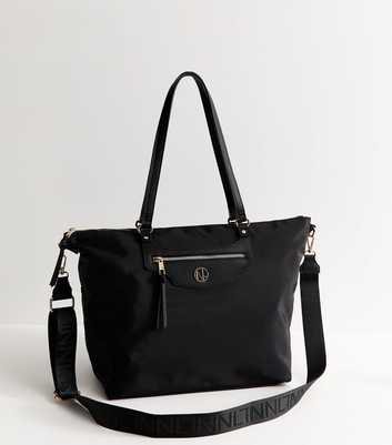 Black Faux Leather Logo Plaque Front Pocket Tote Bag