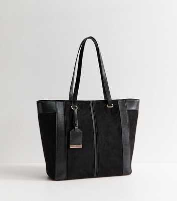 Black Faux Suede Textured Panel Tote Bag