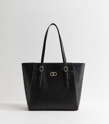 Black Textured Faux Leather Slim Strap Tote Bag