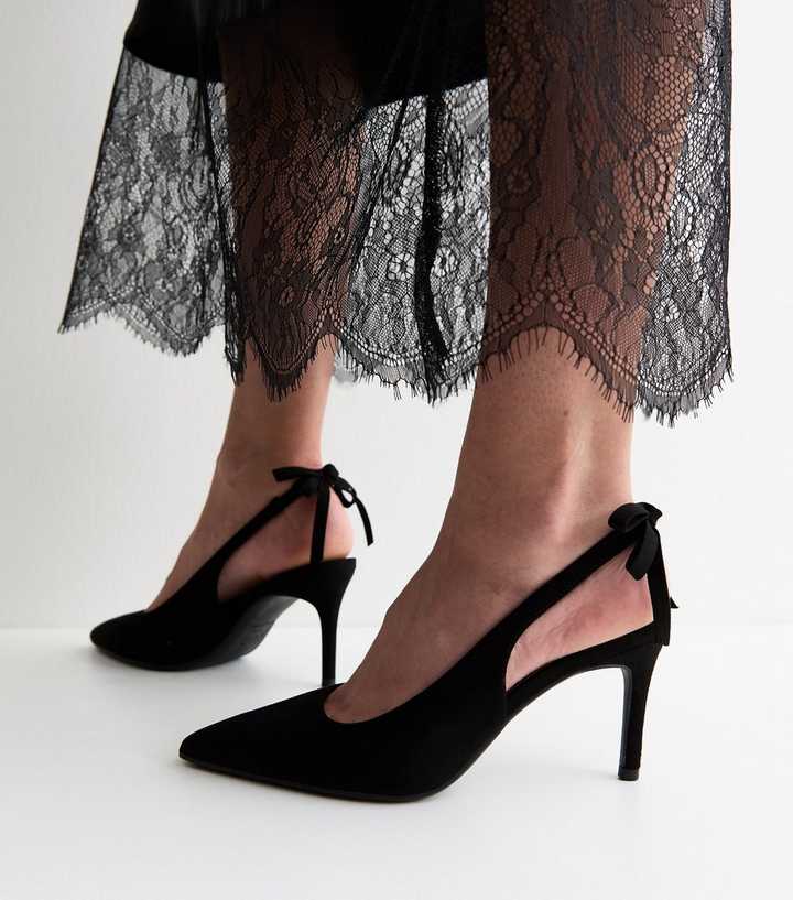 Black Faux Suede Bow Slingback Court Shoes