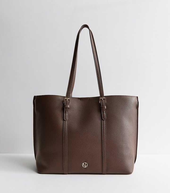 Dark Brown Faux Leather Double Buckle Tote Bag