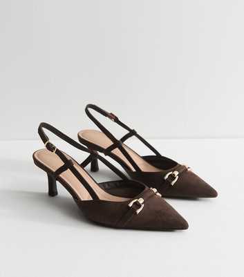 Wide Fit Dark Brown Faux Suede Horsebit Detail Slingback Pumps