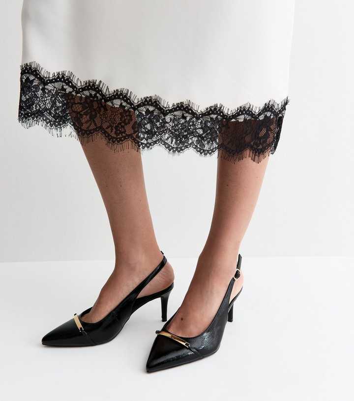 Wide Fit Black Faux Leather Metallic Panel Slingback Pumps