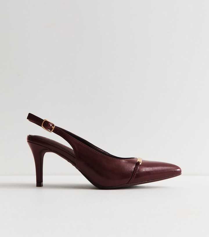Wide Fit Dark Burgundy Faux Leather Metallic Panel Slingback Pumps