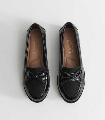 Wide Fit Black Patent Faux Leather Bow Loafers