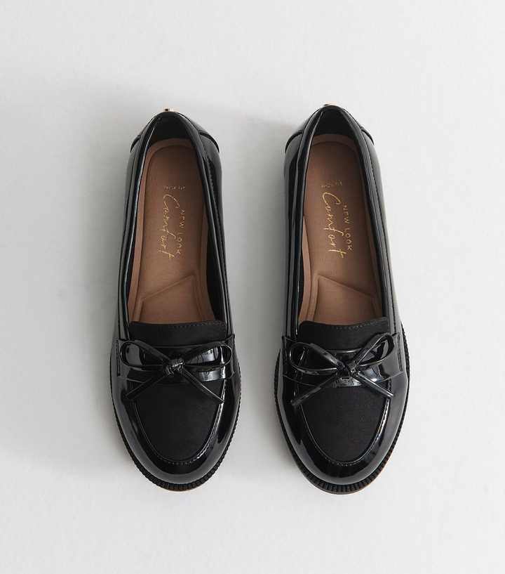 Wide Fit Black Patent Faux Leather Bow Loafers