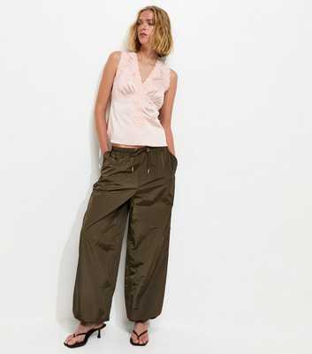 Khaki Tapered Leg Shiny Parachute Trousers