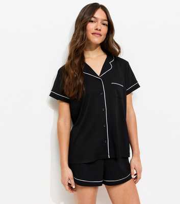 Petite Black Jersey Revere Collar Shirt and Shorts Pyjama Set