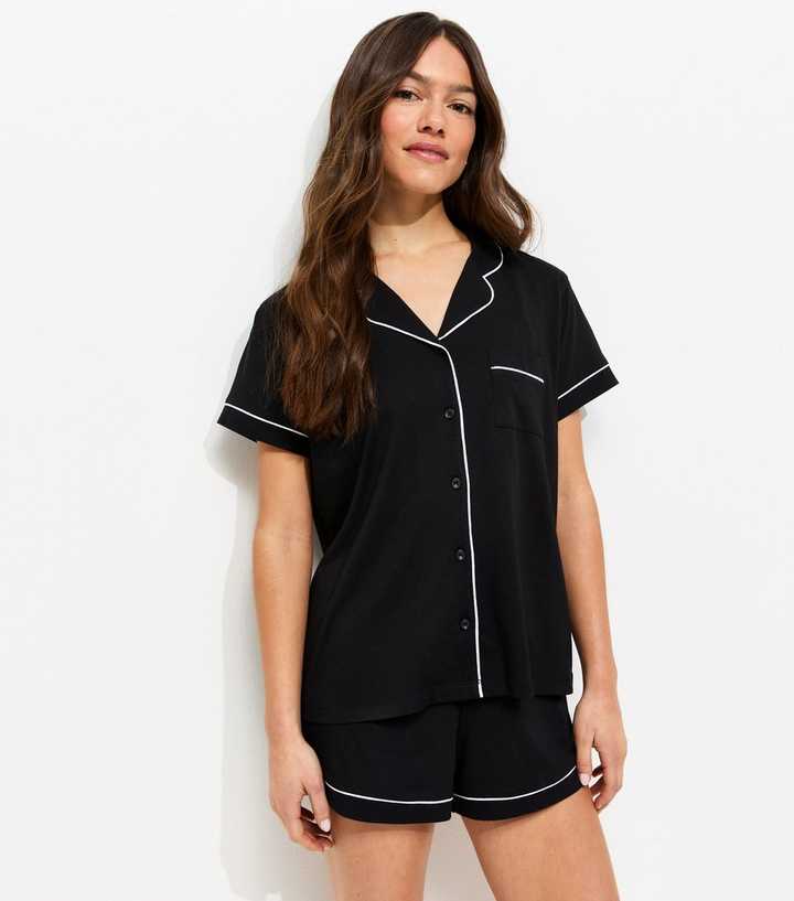 Petite Black Jersey Revere Collar Shirt and Shorts Pyjama Set