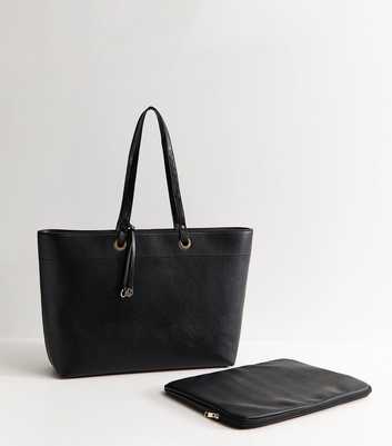 Black Faux Leather Logo Charm Laptop Case Tote Bag