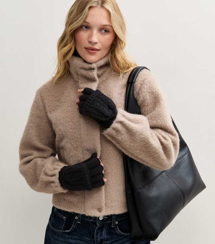 Black Cable Knit Flip Top Gloves