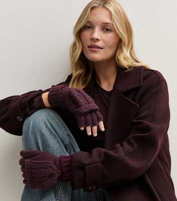 Dark Burgundy Cable Knit Flip Top Gloves