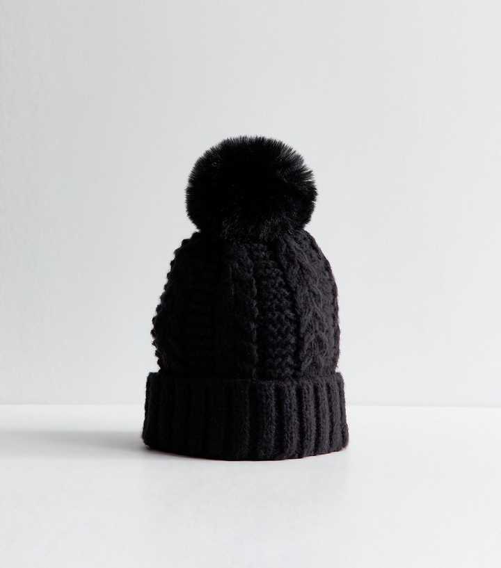 Black Faux Fur Pom Pom Bobble Hat