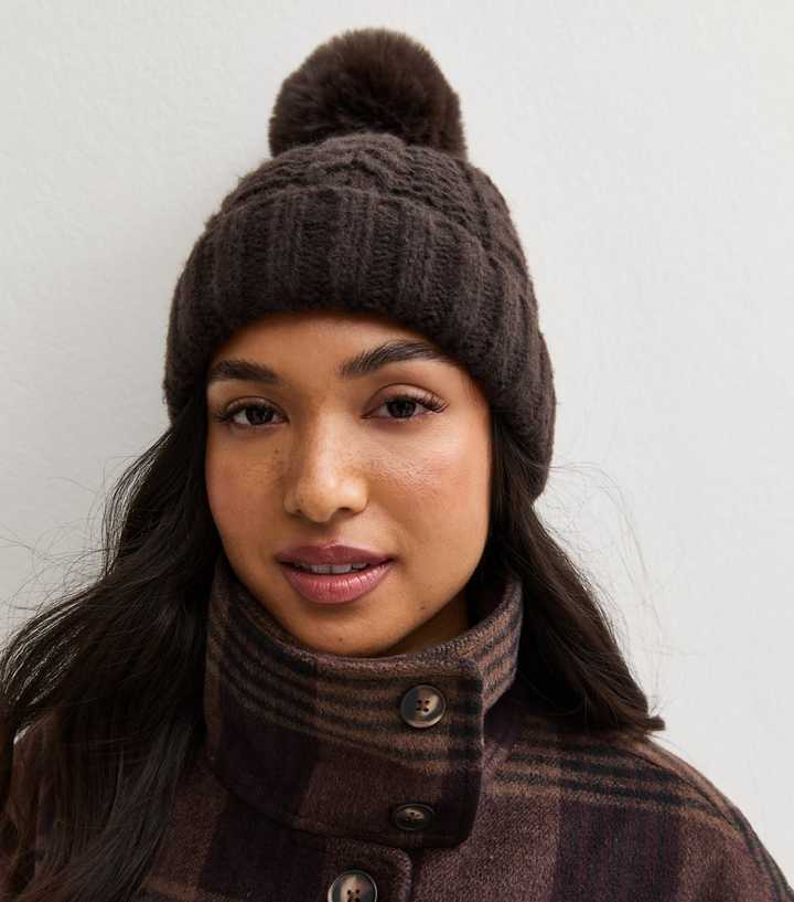 Dark Brown Faux Fur Pom Pom Bobble Hat