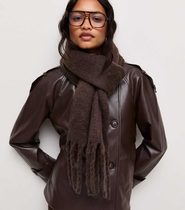 Dark Brown Fringed Trim Knitted Scarf