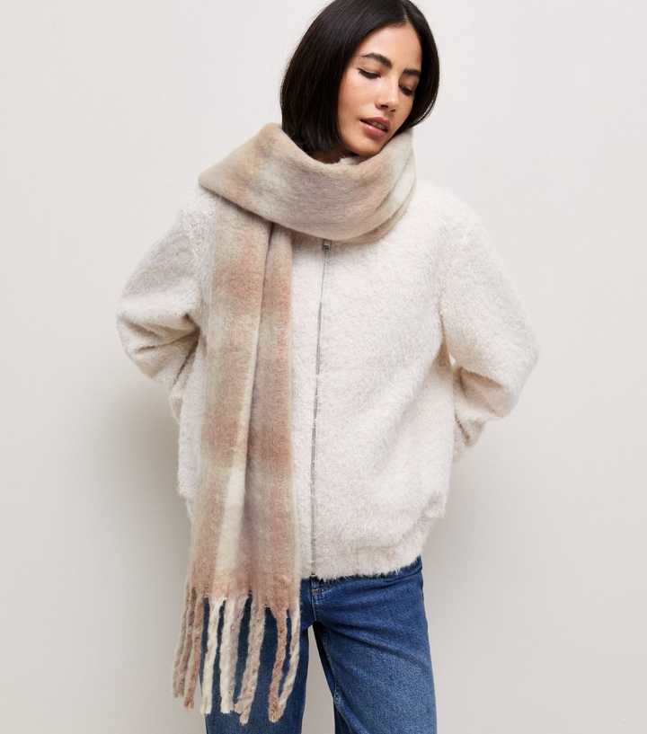 Cream Check Pattern Fringed Scarf