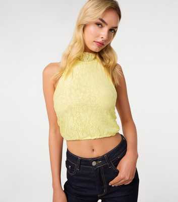 Pink Vanilla Light Yellow Lace Bubble Hem Halter Neck Top