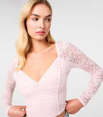 Pink Vanilla Light Pink Lace Long Sleeve Corset Style Top
