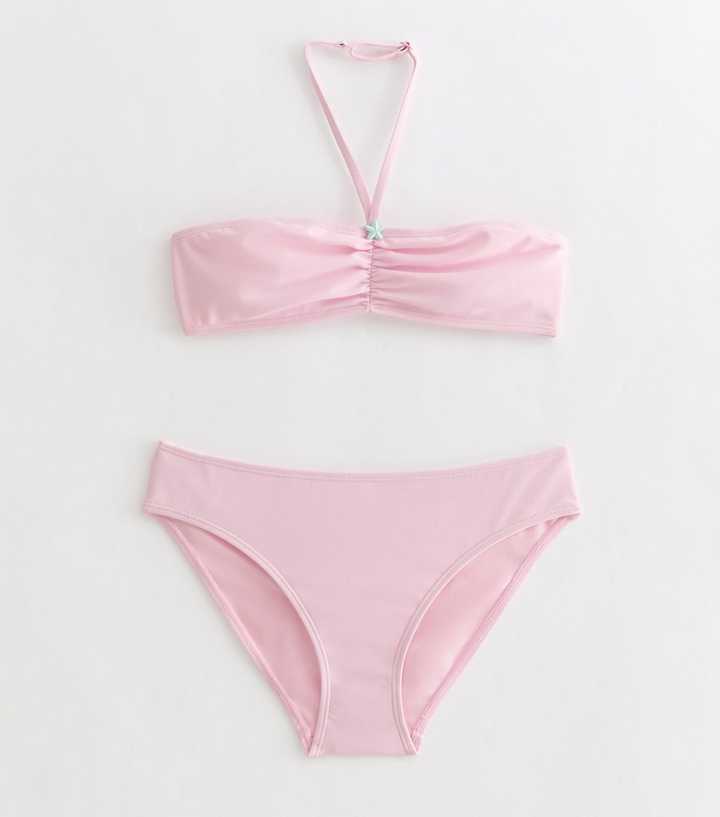 Girls Light Pink Starfish Trim Bandeau Bikini Top and Bottoms Set