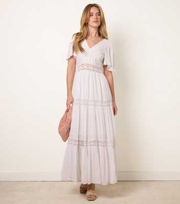 Blue Vanilla Off White V-Neck Tiered Crochet Trim Midi Dress