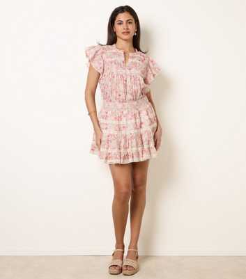 Blue Vanilla Pink Floral Print Shirred Waist Mini Skirt