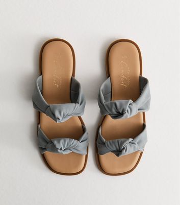 Blue Knotted Double Strap Flat Mules