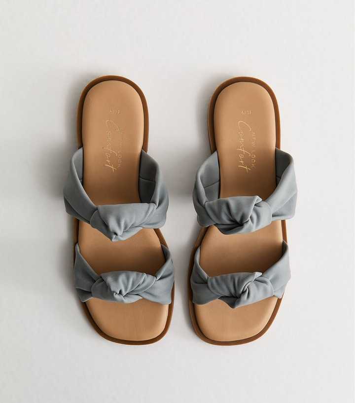 Blue Knotted Double Strap Flat Mules