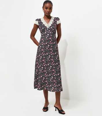Black Ditsy Floral Lace Insert Tea Midi Dress