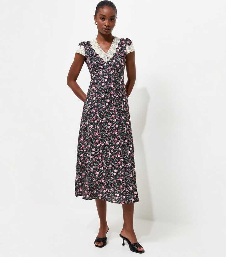 Navy Ditsy Floral Lace Insert Tea Midi Dress