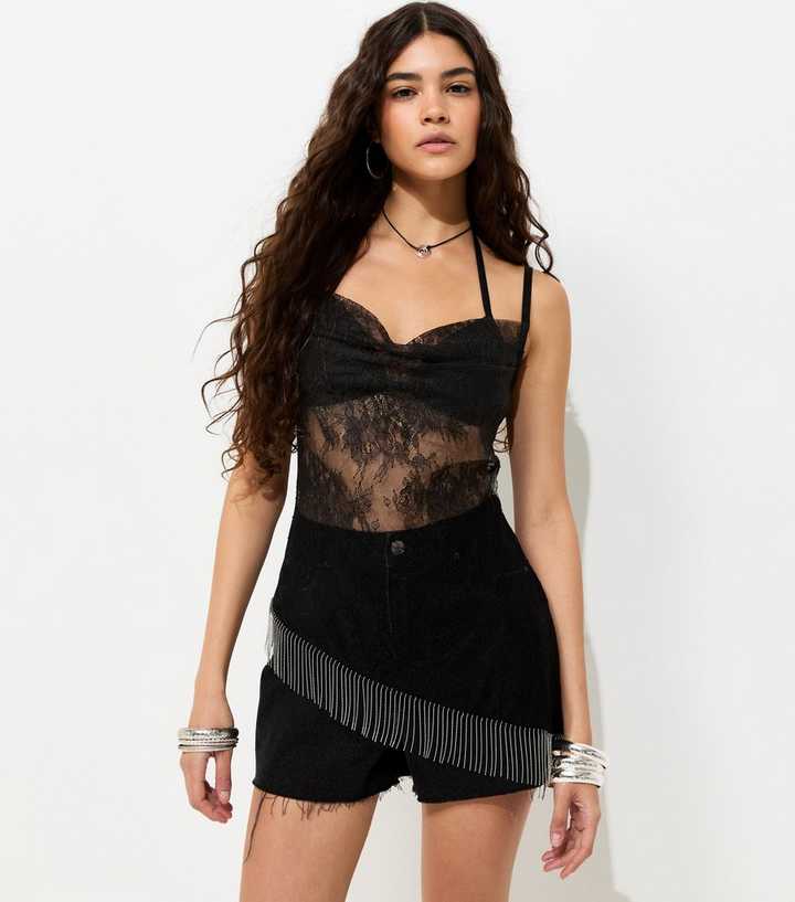 Black Sheer Lace Asymmetric Fringe Cami Top