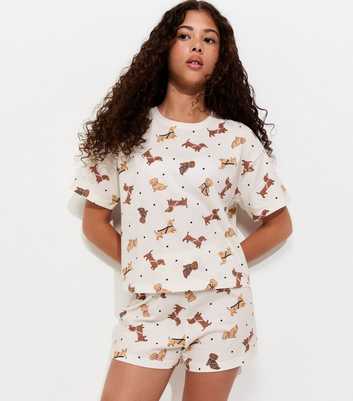 Girls Cream Cotton Sausage Dog Print T-Shirt and Shorts Pyjama Set
