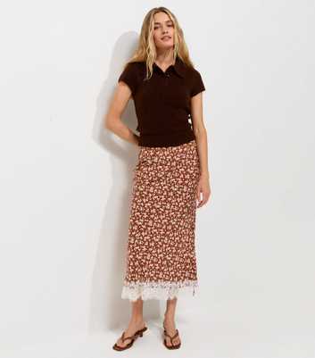 Orange Floral Print Lace Hem Bias Cut Midi Skirt