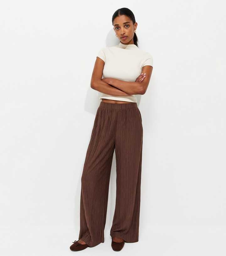 Dark Brown Crinkled Jersey Wide Leg Trousers