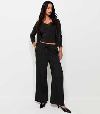 Black Ribbed Texture Wide Leg Trousers