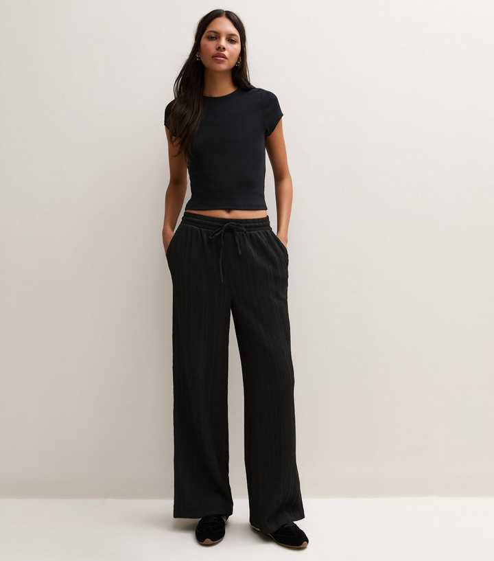 Black Ribbed Texture Wide Leg Trousers